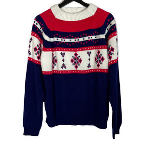 Vintage Ski Sweater Red Blue White JCPenney Pullover Chunky Fair Isle